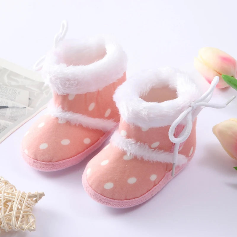 Winter Newborn Baby Girl Boy Polka Dot Cute Cartoon Cotton Shoes Soft Sole Plus Velvet Warm Boots Toddler Infant Walking Shoes