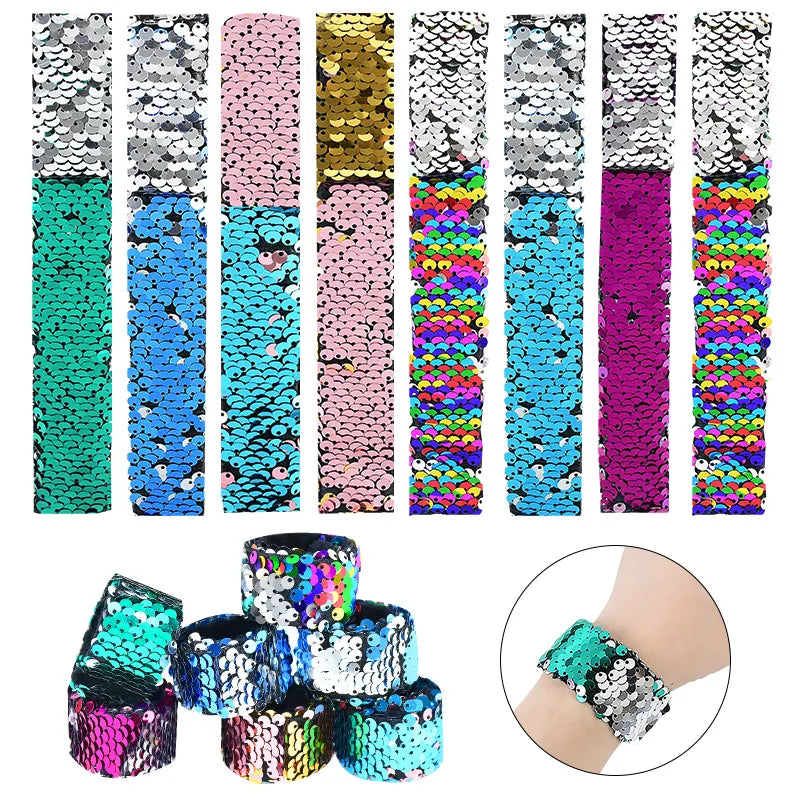 5pcs Glitter Slap Bracelets Mermaid Sequin Wristband for Girl Little Mermaid Birthday Party Decoration Gift Kids Toy Baby Shower