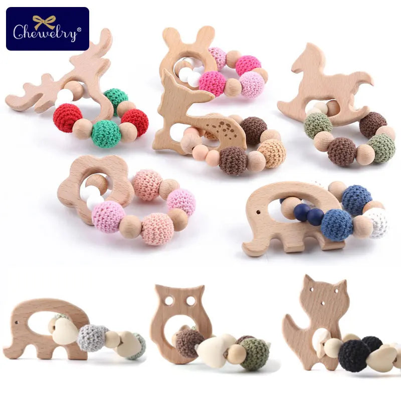 1pc Wooden Teether Aniaml Sika Deer DIY Crafts Baby Bracelet Rattles Beech Wood Rodent Crochet Beads Gifts For Kids Products Toy