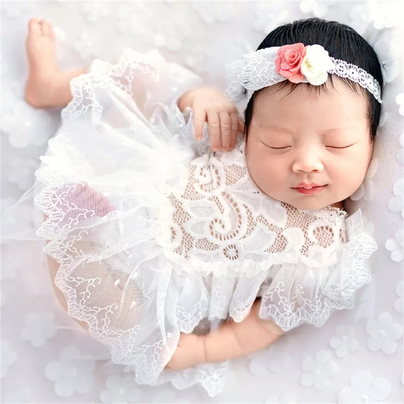 Newborn Photography Props Outfit Cute Lace Princess Baby Girls Dress+Flower Headband Set Newborn Girls Photo Shooting Clothes