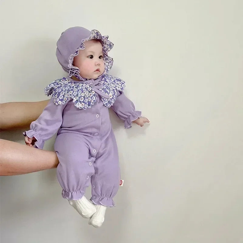 Baby Clothing 2023 Spring Baby Girls Clothes Romper Sweet Purple Daisy Doll Collar Single Breasted Long Sleeve Newborn Outdoor