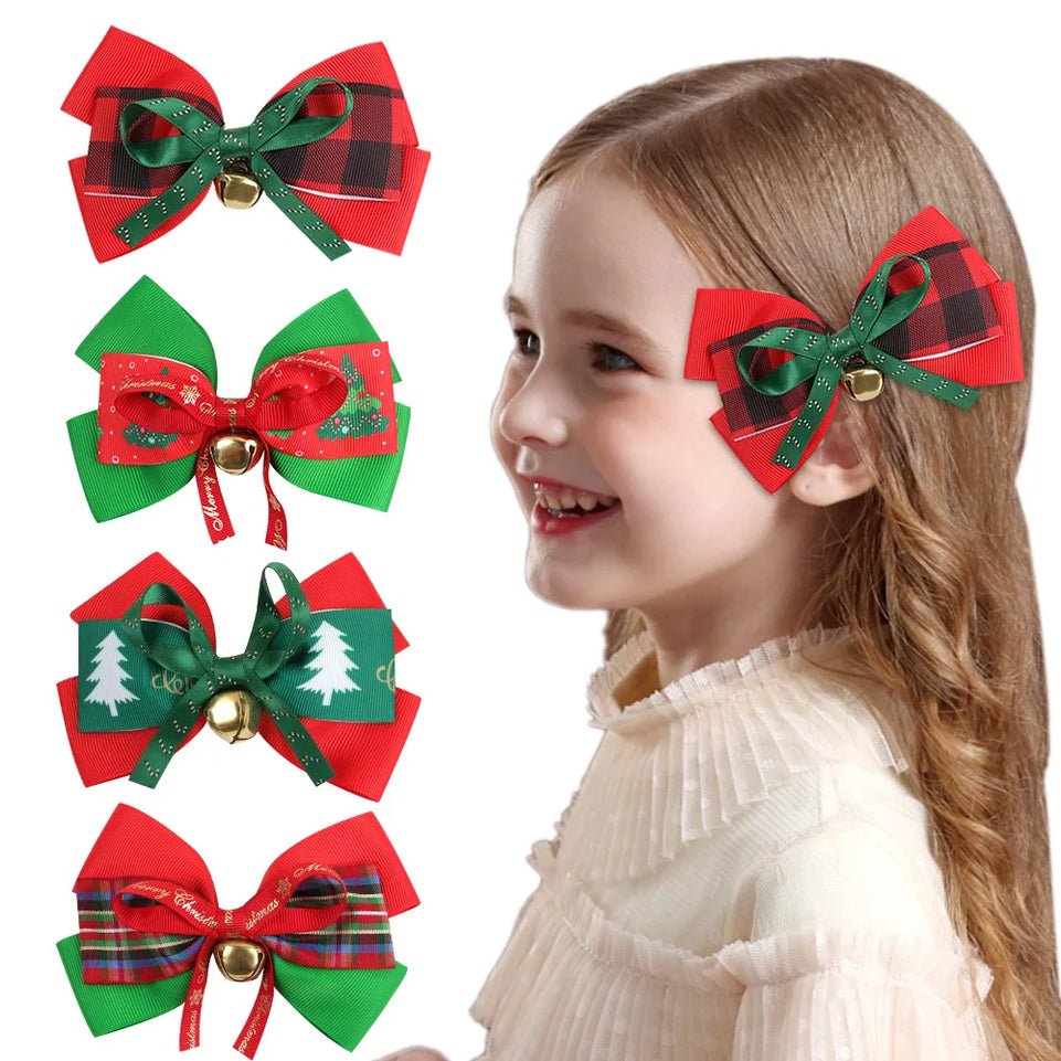 Christmas Layered Bows Hair Clips Patches Plaid Kids Ribbon Hairpin For Baby Girl Rhinestone Hairgrips Headwear Hair Accessoires