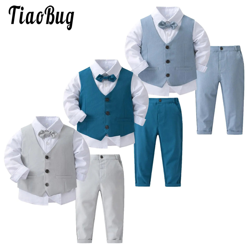 Boys Suits Gentleman Tuxedo Bow Tie Shirt Suit Vest Pants 4 Pcs Chic Toddler Baby Clothes Gentleman Outfit for Baptism Birthday