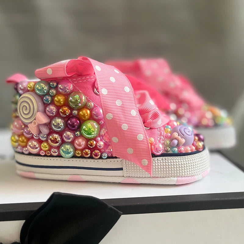 Random Lollipop Candy First Walking Canvas Baby Infant Shoes Soft Sole Sneakers For Girl Birthday Party Handmade Bling Shoes